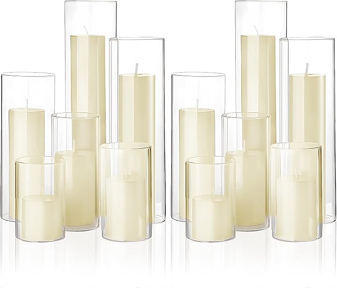 Shihanee Set of 12 Pillar Candles and Glass Cylinder Vases Assorted Sizes Cylinder Holders for Pillar Candles Home Table Centerpieces Wedding Party Decorations (Ivory)