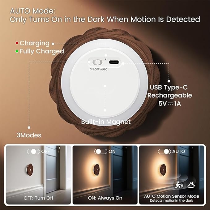 Motion Sensor Night Light Wooden Carved Flower USB Rechargeable Stick-On Step Lights Magnetic Mini Wall Lights for Hallway Bedroom Living Room Stair (Black Walnut)