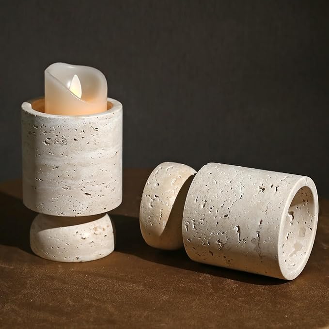 Farmhouse Travertine Pillar Candle Holder, Natural Stone Candlestick Decor | French Centerpieces for Table, Elegant Home Decor, Anniversary Weddings Gift