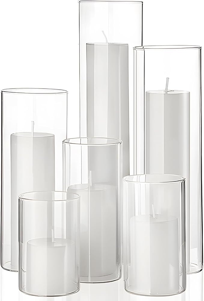 Shihanee Set of 6 Pillar Candles and Glass Cylinder Vases Assorted Sizes Cylinder Holders for Pillar Candles Home Table Centerpieces Wedding Party Decorations (White)