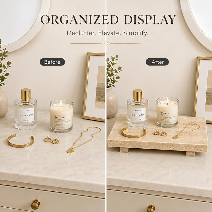 Travertine Pedestal Decorative Tray 13.8 x 6.7 in | Vanity Tray for Perfume, Jewelry, Keys and Candles, Catchall Tray for Bathroom Counter, Dresser and Entryway Decor