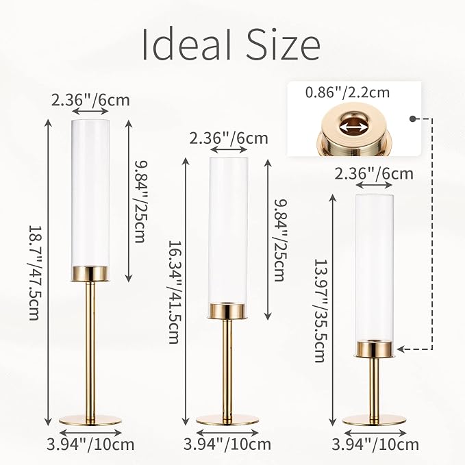 Gold Candle Holders for Candlesticks - Taper Candle Holders with Removable Glass, Tall Brass Candlestick Holders, Candle Stand Candle Sticks Long Holder for Table Centerpiece, Wedding, 30Pcs