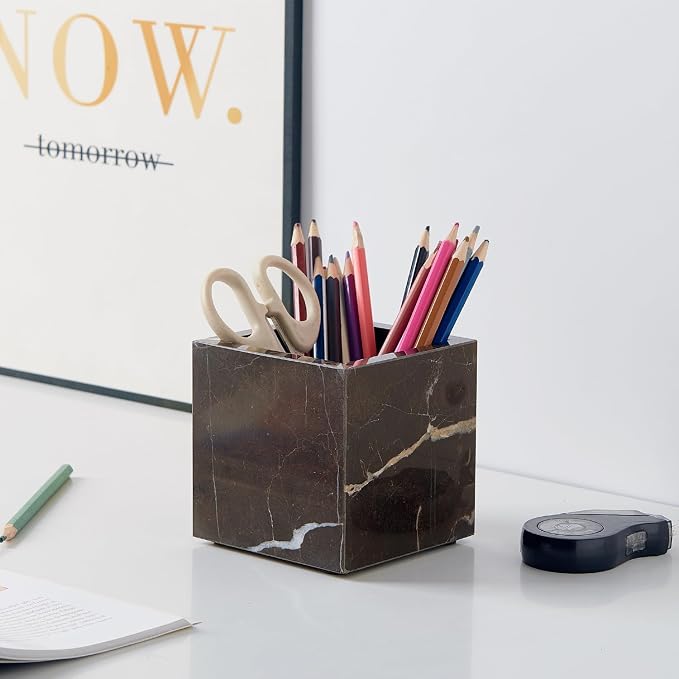 Real Luxurious Natural Marble Toothbrush Holder & Makeup Brush Organizer & Pen Holder for Desk,3.93inch Square Marble Utensil Holder Non-Ceramic/Non-Resin （Brown）