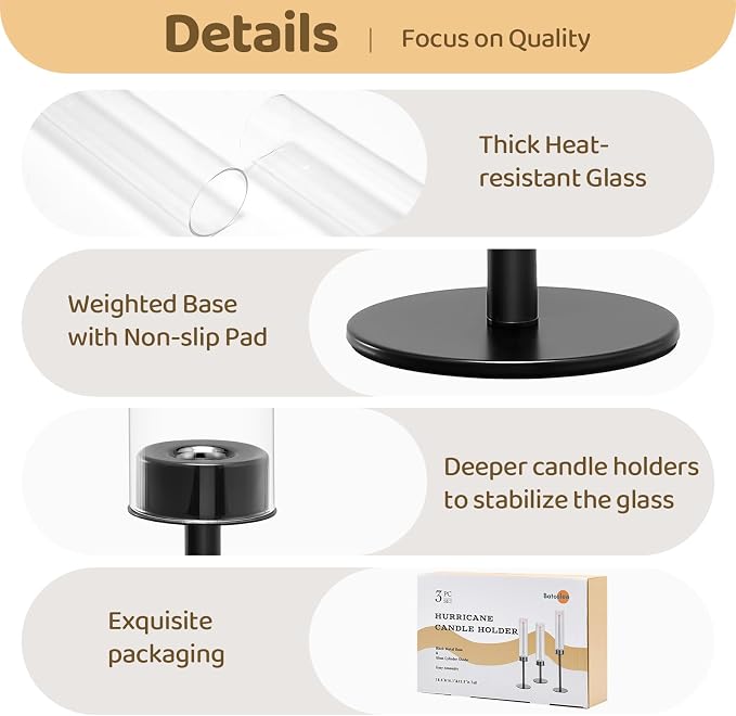 Black Hurricane Glass Candle Holders Set of 6 Tall Taper Candlestick Holder | Metal Candle Stick Holders, for Dining Dinner, Weddings, Christmas Fireplac Decorations, Table Centerpieces Decor