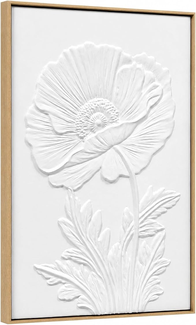 SAFERRYHOME White Flower Textured Carve Wall Art, 24"x36" Framed | Large 3D Floral Framed Canvas Wall Decor, Modern Flower Botanical Painting Elegant Nature Artwork for Home Office Living Room
