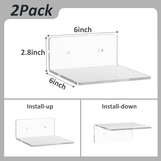 Sezanrpt 6 Inches Acrylic Small Wall Shelves 2 Pack, Floating Shelf for Wall Mounting, Acrylic Display Ledges for Funko Pop Figures, Home Décor, Living Room, Gaming Room, Plants(6 inch, Clear)