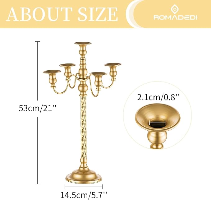 Romadedi Gold 5-Arm Candelabra for Taper Candles, 21 in, Pack of 2 | Metal Candlestick Holders with Curved Branches for Wedding Centerpiece, Reception, Dining Table, and Christmas Decor.
