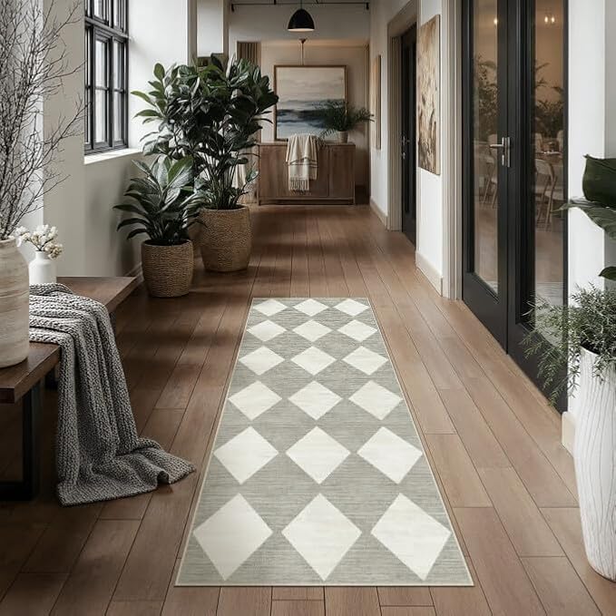 PureCozy 2x6 Runner Checkered Rug for Hallways Gray Washable Long Carpet Non-Slip Low Pile Boho Indoor Accent Throw Rug for Entrance Kitchen Bedroom Dining Laundry