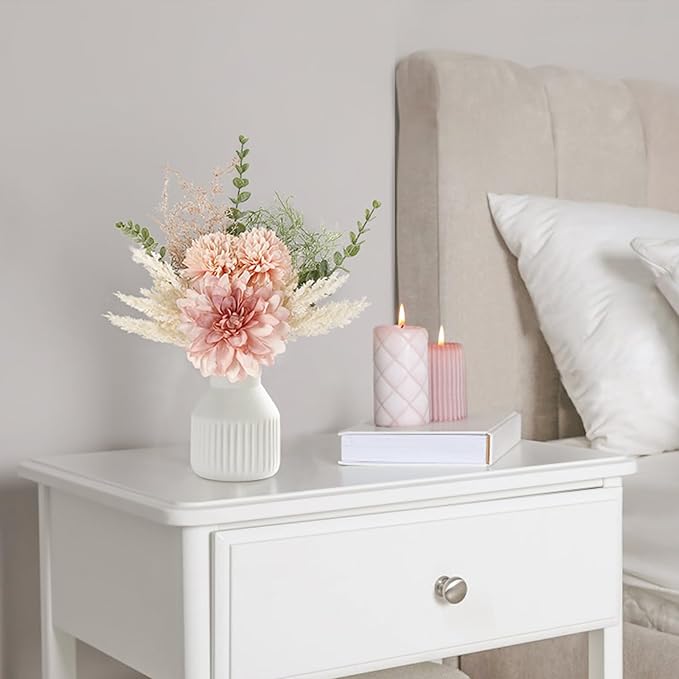 Mkono Small Artificial Flowers in Ceramic Vase 12.5" Centerpieces Coffee Table Decor, Silk Flower Arrangements for Home Decor Indoor Fake Flower Bouquet for Bathroom Dining Room Kitchen Wedding Pink