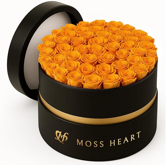 50 Petite Preserved Roses, Designer Round Box, Real Forever Roses Last 1+ Year, Premium Gift for Women, Wife, Girlfriend, Mother’s Day, Birthday, Anniversary, Valentine’s Day