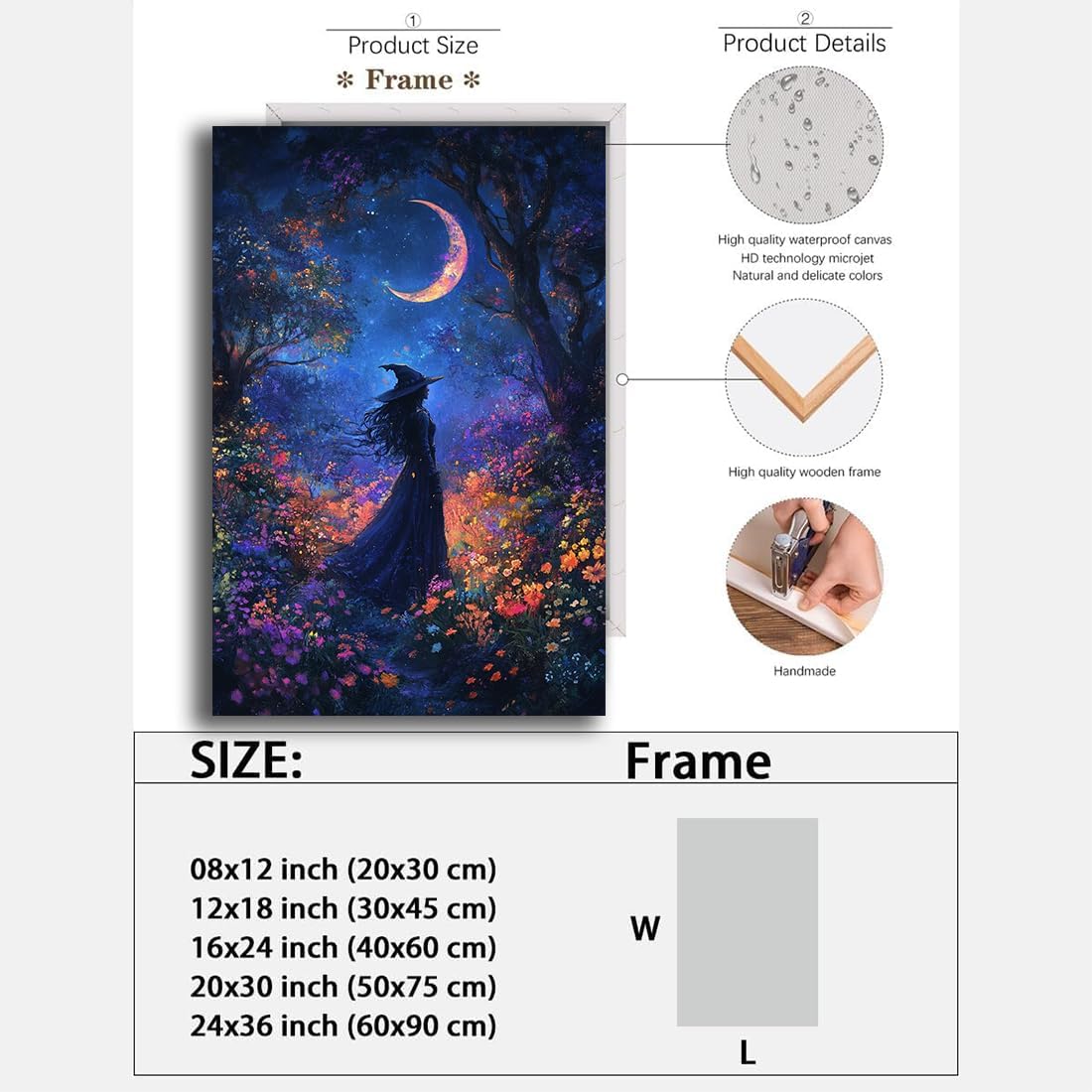 Vintage Halloween Witch Decor Mystic Gothic Wall Art Poster,Enchanting Witch Fall Whimsical Wildflowers Woodland Forest Crescent Moon Picture Art,Creepy Witchy Home Decor,20"x30" Framed