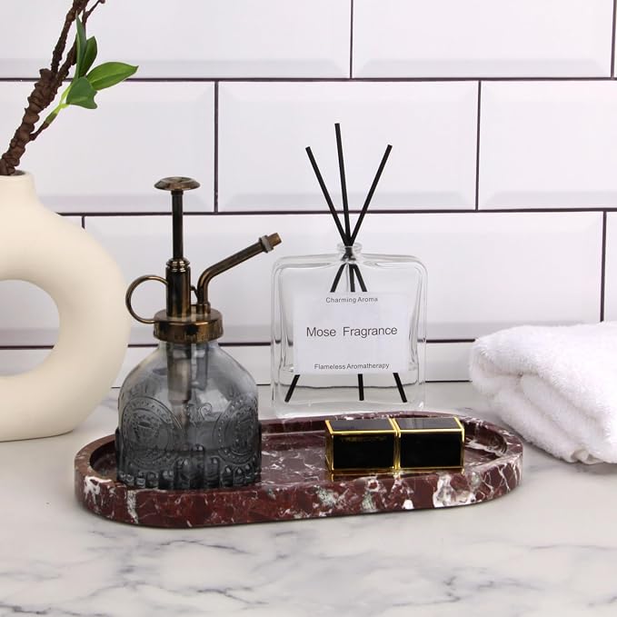 Oval Marble Bathroom Vanity Tray, Natural Luxury Marble Home Kitchen Bathroom Table Tray, Stone Decorative Countertop Tray for Coffee Perfume Jewelry (Rosso Lepanto, 10" x 5" x 0.6")