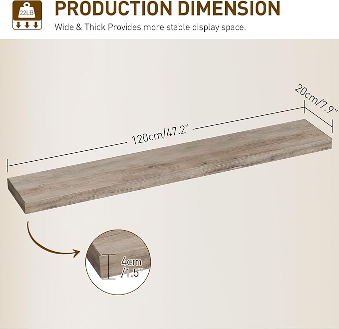 RALGEND Floating Shelves for Wall, 1.5" Thick Wall Shelf Set of 3 with Invisible Brackets, L47.2 x W7.9 Hanging Book Shelves Farmhouse Home Decor for Bathroom, Living Room, Bedroom, Greige 12301BJP3BG
