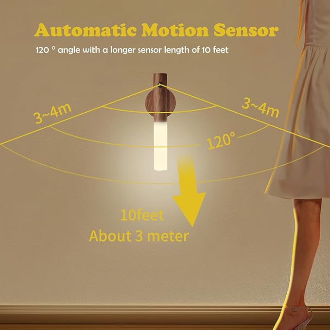 LANDGOO Wooden Motion Sensor RGB Night Lights Indoor, Magnet Body Hallway Rechargeable LED Wireless Battery Operated Wall Sconce (Walnut Wood 2P)