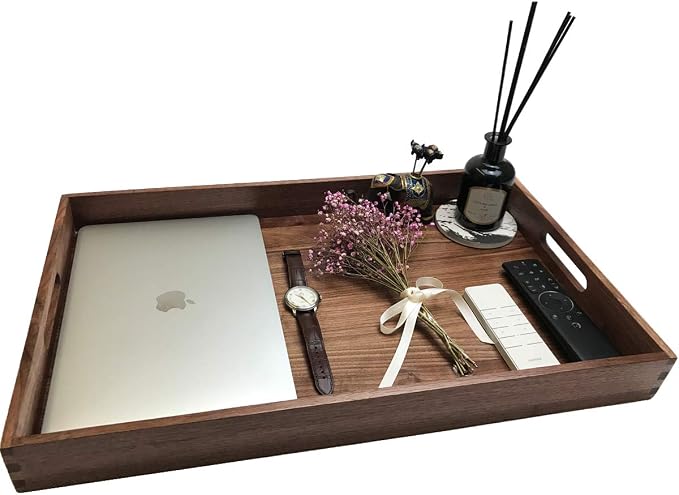 22 x 14 Inches Large Rectangle Black Walnut Wood Ottoman Tray with Handles, Serve Tea, Coffee, Classic Wooden Decorative Serving Tray