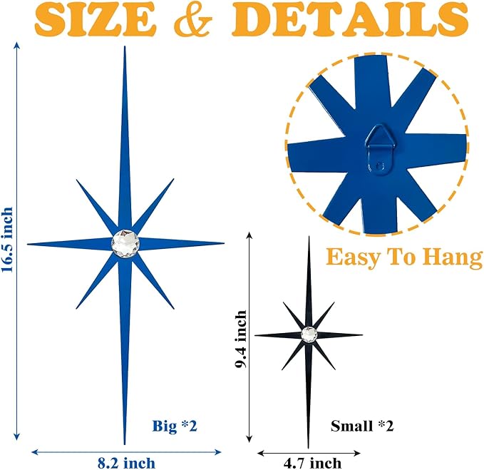4 Pack Metal Star Wall Art 8 Pointed Starburst Wall Decor Set with 2 Large & 2 Small Pieces Mid Century Celestial Metal Wall Sculpture for Bedroom Living Room Office Gallery Wall