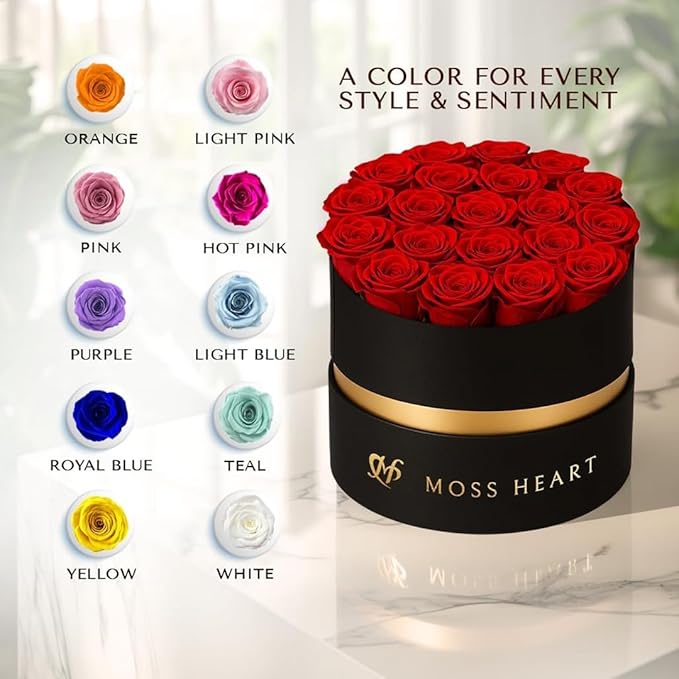 20 Mini Preserved Roses, Round Luxury Gift Box, Real Forever Roses Last 1+ Year, Premium Romantic Gift for Women, Wife, Girlfriend, Mother’s Day, Birthday, Anniversary, Valentine’s Day