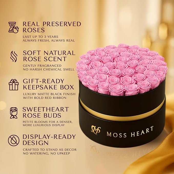 50 Petite Preserved Roses, Designer Round Box, Real Forever Roses Last 1+ Year, Premium Gift for Women, Wife, Girlfriend, Mother’s Day, Birthday, Anniversary, Valentine’s Day