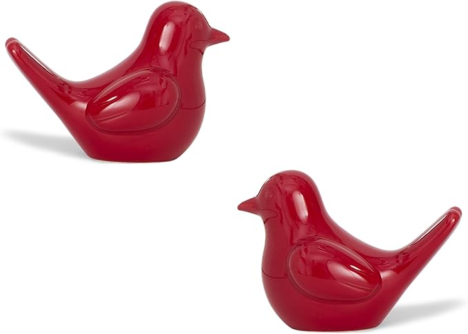 Small Red Bird Statue Ceramic 2-Piece Set, 3¾ inch Cute Knick Knack for Home Office Shelf Desk Decor