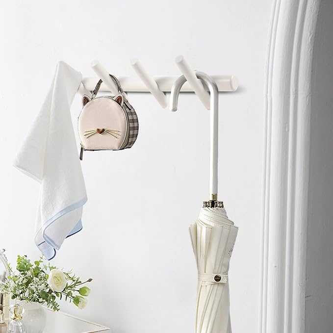 KYSMOTIC Modern Wood Coat Rack - Wall Mounted - White 4 Peg Coat Hooks - Hanging Clothes Robes Towels Hats