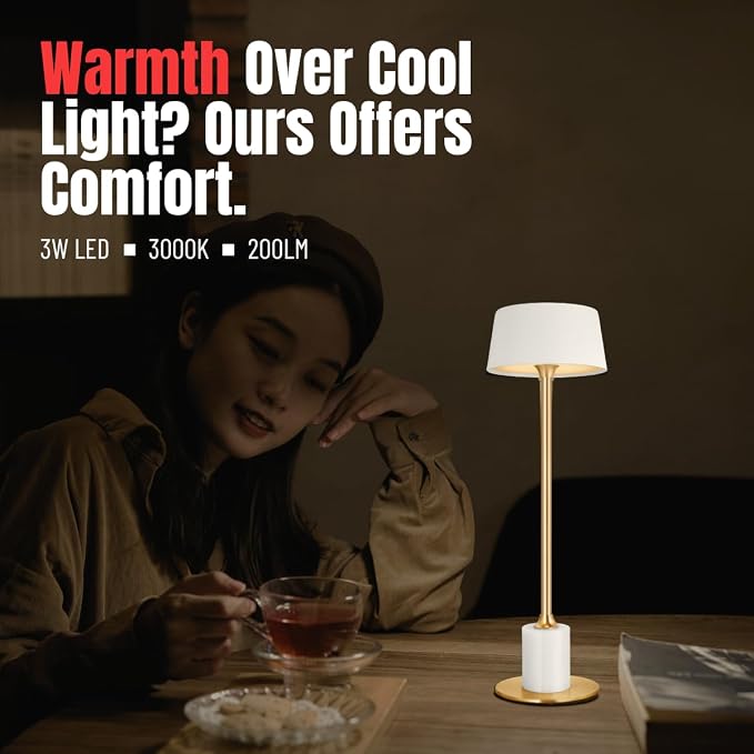 Cordless Table Lamp,Rechargeable and Battery Operated, Powered by 4000mAh Battery, 42-Hour Run Time, 3 Level Dimmable, White and Gold Lamp for Bedrooms, Restaurant, Buffet, Patio