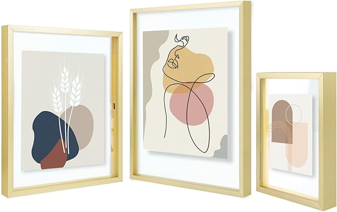 Golden State Art, 7 Pack Floating Frames for One 11x14, Two 8x10, and Four 5x7 Pictures. Aluminum Photos Frame for Wall Display (Gold)