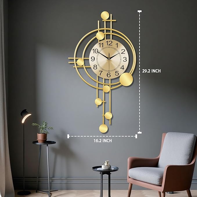 Wall Clock with Pendulum, Silent Non-Ticking Quality Quartz Battery Operated, Round Analog Large Wall Clock for Living Room Kitchen Bathroom Bedroom Wall Home Decor, 16.2x29.2inch, Golden