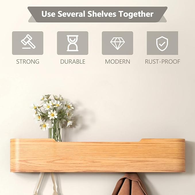 Wall Mounted Coat Rack with Shelf, Wooden Entryway Organizer with Hidden Metal Hooks for Hanging Coats Bags Keys, Modern Floating Shelf for Hallway Bathroom (Oak, 5 Hooks)