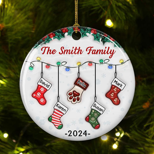 Stocking Personalized Family Christmas Ceramic Ornament 2025-3D Inflated Effect Custom Name Hanging Stock up to 10 Members, First Xmas as A Family Ornament Gifts (A04, 7 Names)