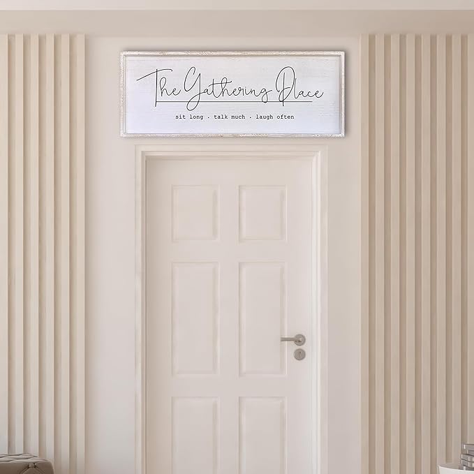 The Gathering Place Wall Decor Sign 40"x15" Large Family Dining Room Vintage Wooden Framed Country Farmhouse Simple And Rustic Hanging For Kitchen Home Wall Art Decoration (White)