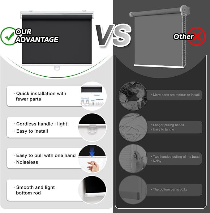 Cordless Roller Shades Blackout Blinds for Windows Room Darkening Rolled Up Shades with Spring System, UV Protection Window Shades Door Blinds for Home and Office (66" W x 72" H, Black)