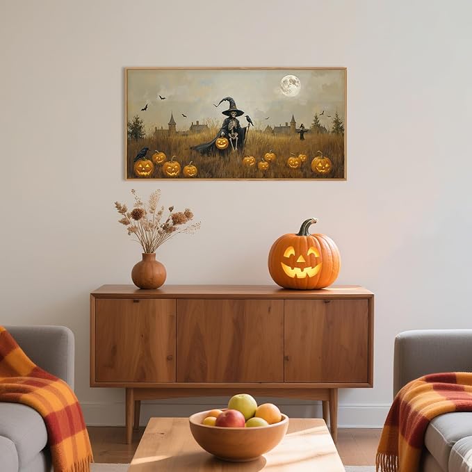 Halloween Ghost Reaper Framed Wall Art,Scary Witchy Pumpkin Wall Decor,Horror Night Wall Painting,Full Moon Bats Artwork for Living Room,Bedroom,Halloween Themed Party-40×20"×1