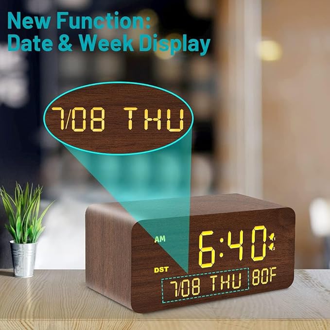 Andoolex Wooden Digital Alarm Clock with Wireless Charging, 0-100% Adjustable Brightness Dimmer and Alarm Volume, Weekday/Weekend Mode, Dual Alarm, Snooze, 12/24H, Wood LED Clock for Bedroom (Brown)