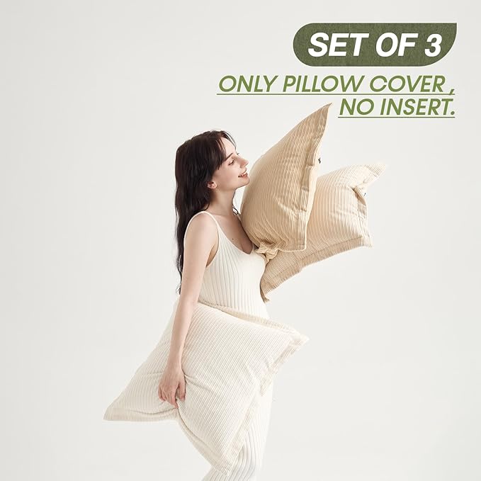 COCO TOP Set of 3 Decorative Vintage Throw Pillow Covers 18x18inch, Soft Striped Textured Corduroy Square Cushion Pillowcases for Modern Bedroom Living Room Farmhouse Decor(Camel, Beige & White)