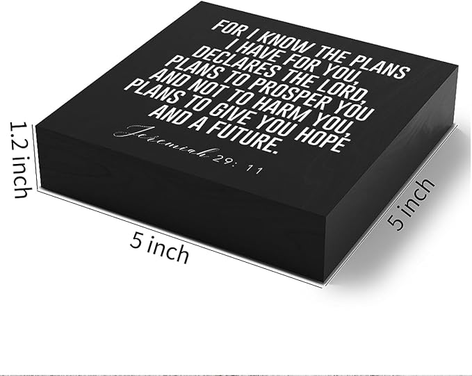 Christian Decor Wood Sign Desk Decor Rustic Motivational Bible Verse Jeremiah 29:11 Black Wooden Box Sign for Home Office Living Room Church Kitchen Bedroom Table Shelf Religious Gifts
