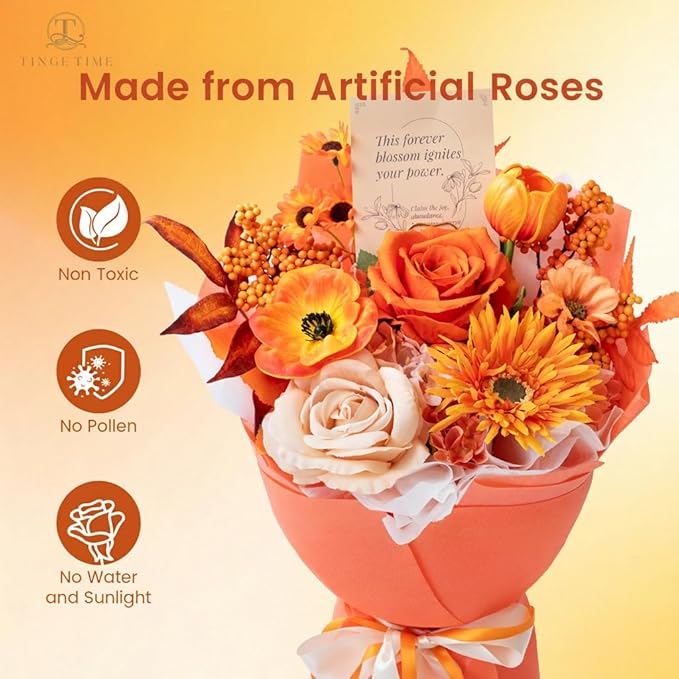 TINGE TIME Preserved Flowers Bouquet, Sunflower and Rose Bouquets, Orange Artificial Flowers Bouquet for Table Centerpiece Mothers Day Gifts Birthday Gifts Wedding Anniversary Housewarming