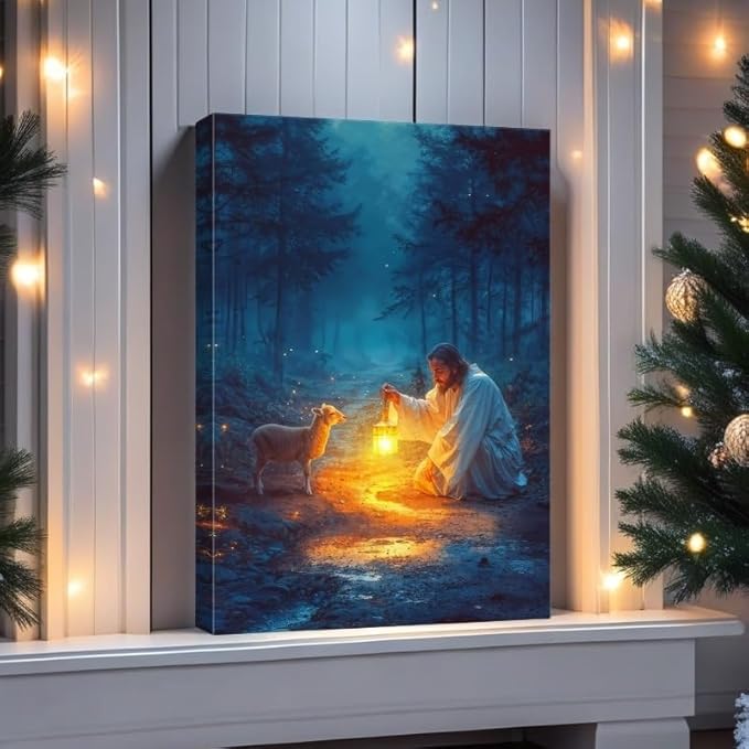 Ploceiny Christian gifts for women Religious wall art decorations for prayer room Jesus Running After Lost Lamb Picture Jesus and lamb canvas posters for home decor A-391 (16"X24")