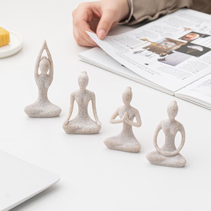 OwMell Lot of 4 Meditation Yoga Pose Statue Figurine Ceramic Yoga Figure Set Decor - Stone