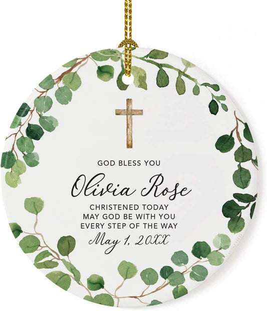 Andaz Press Personalized Round Ceramic Porcelain Christmas Ornament Keepsake Collectible Gift, God Bless You Olivia Rose Christened Today, Farmhouse Eucalyptus Wreath, 1-Pack