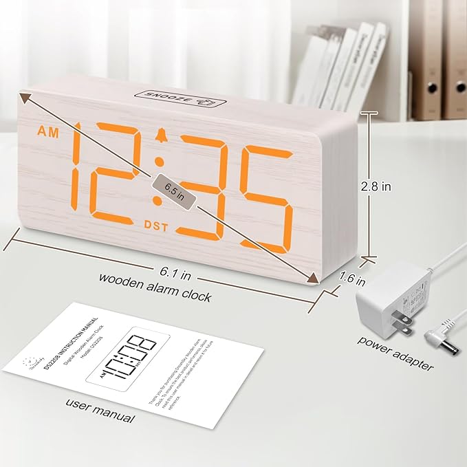 DreamSky Wooden Digital Alarm Clock for Bedroom - Loud Alarm Clock for Heavy Sleepers with Volume Control, Desk Clocks for Living Room with Large Numbers, Dimmer, DST, Wood Decor (Plug in Clock)
