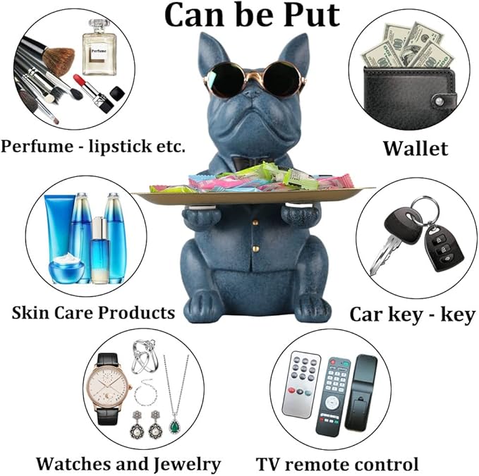 Modern Resin Blue Bulldog Statue Piggy Bank Key Holder Candy Jewelry Earrings Tray for Home Decor Modern Art Dining Table Decor Office