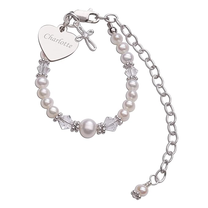 Cherished Moments Babe to Bride Keepsake Cross Bracelet Christening Gift for Infant Newborn Baby Girl in 925 Sterling Silver with Engraved Heart Charm and Cultured Pearls