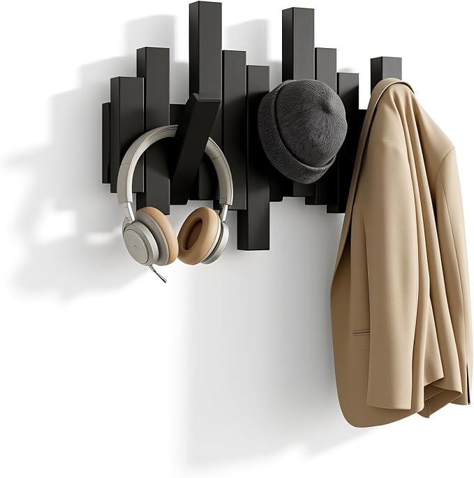 Modern Wooden Coat Rack, key holder wall mount– Handmade Solid Walnut Flip Hook Rack with Hidden Mount, Decorative Entryway Wall Hooks for Coats, Bags & Hats, Space-Saving Design (Black, 3Hooks)