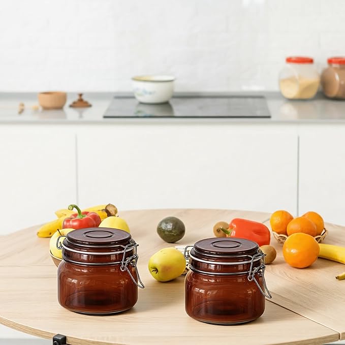 Norme 6 Pack 16oz Amber Airtight Glass Jars with Lids, Square Food Storage Container Airtight Food Wire Clip Fastening for Sauerkraut Flour Kitchen Sugar Cereal Kitchen Canning Pickling Mason Jars