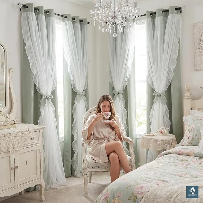 PONY DANCE Blackout Curtains for Whimsical Forest Teen Room, Double Layer Drapes Ruffle Sheer Overlay Farmhouse Rustic Design, W 52 x L 84 Inches, Sage Green, 2 Panels