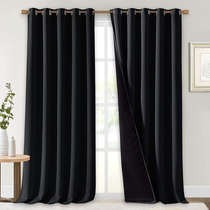 NICETOWN Cold Blocking 100% Blackout Curtains, Durable Black Lined Blackout Curtains for Bedroom, Energy Saving Long Curtains for Patio Sliding Glass Door, Black, 70 inches x 95 inches, 2 Panels