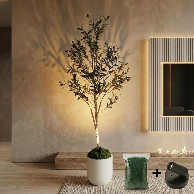Artificial Olive Tree with Large Modern Planter, Rechargeable Wireless LED Light & Moss - Realistic Fake Potted Indoor Plant for Office and Home Decor (5.5FT)