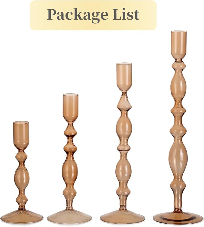 Hewory Glass Candle Holder Set: 4PCS Amber Glass Candlestick Holders Vintage Taper Candle Holders for Candlesticks, Unique Candle Sticks Holder Decor for Table Dinner Festival Events Decorations