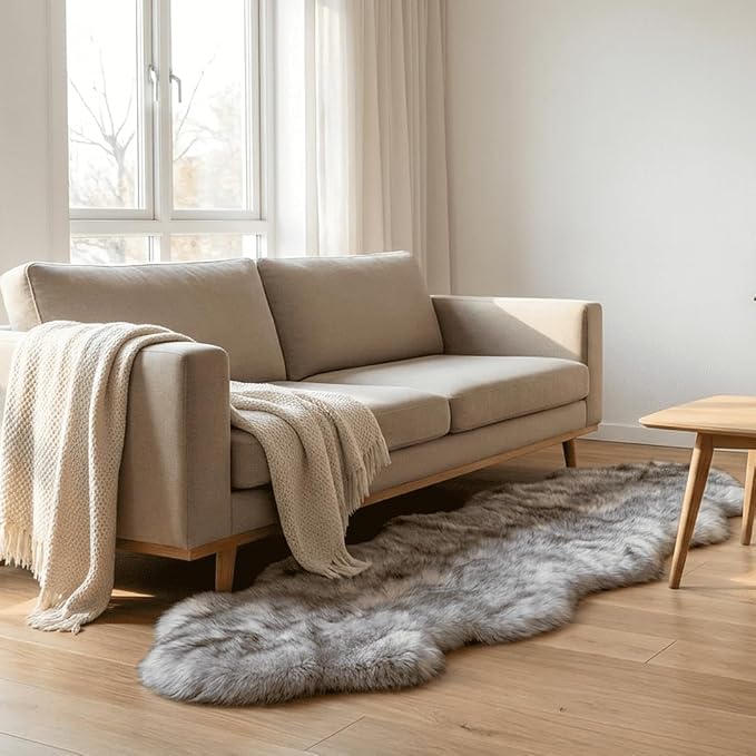 Fluffy Genuine Sheepskin Rug, Fuzzy Shaggy Fur Area Rug for Soft Fur Pray Pup Carpet, Chair Sofa Cover, Bedroom, Living Room, Double Pelt (Wolf Tipped, 2x6ft)