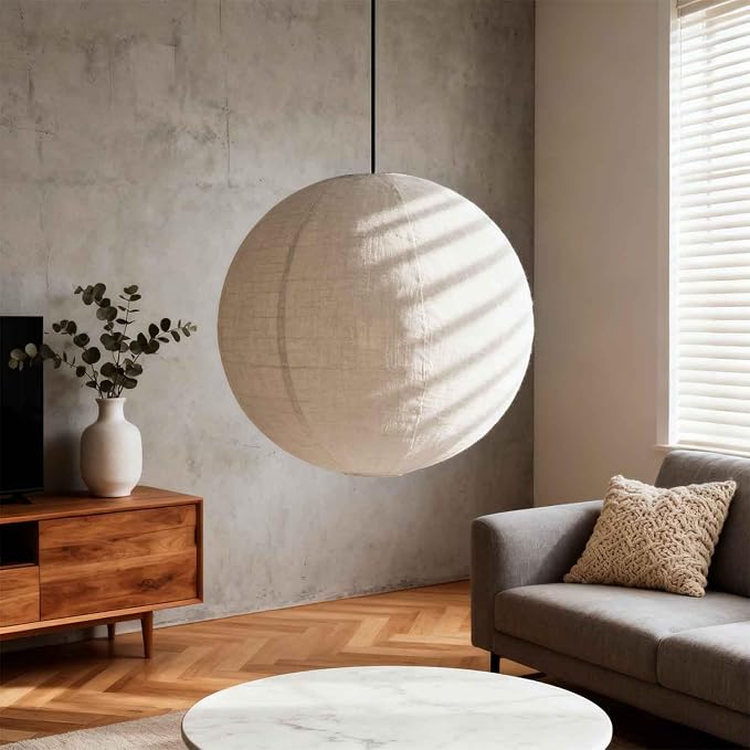 Linen Plug in Pendant Light, 20" Handcrafted Round Hanging Lamp shade with 191 Inch Cord, E26 Socket, Japanese Wabi Sabi Fabric Ceiling Light for Bedroom Living Room, Natural